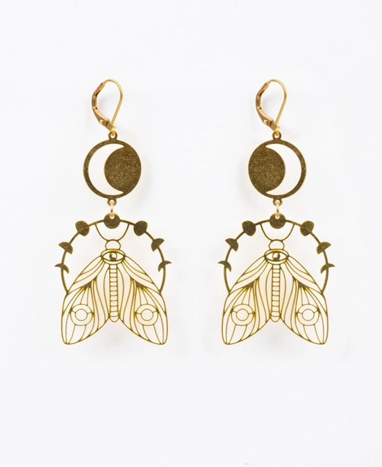 Moonphase Moth Earrings - Brass Moth Earrings | Boho Dangle Earrings | Soul Flower
