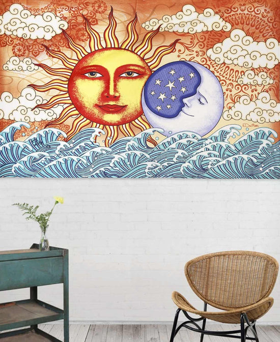 Sunrise and Moon Ocean Tapestry - 3D Tapestry | Sun and Moon Wall Hanging | Soul Flower