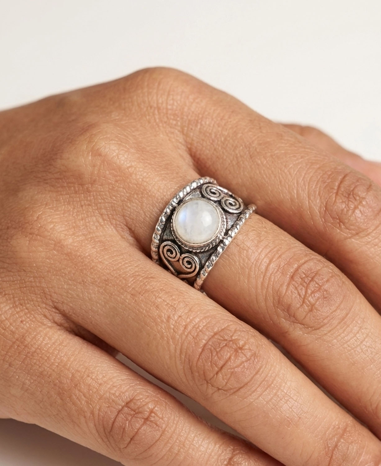 Follow the Moon Moonstone Ring on a model - Adjustable Boho Ring | Soul Flower