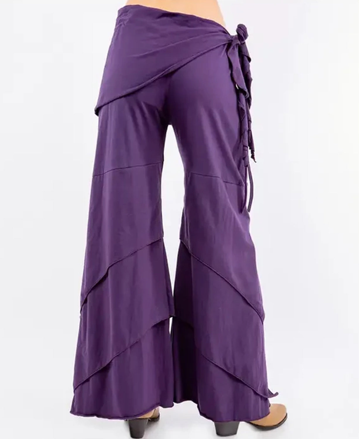 Purple Waves of Freedom pants showing the flowy layered wide leg design