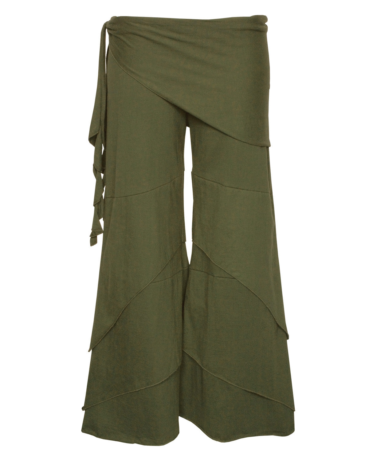 Olive green Waves of Freedom pants with cascading layered panels