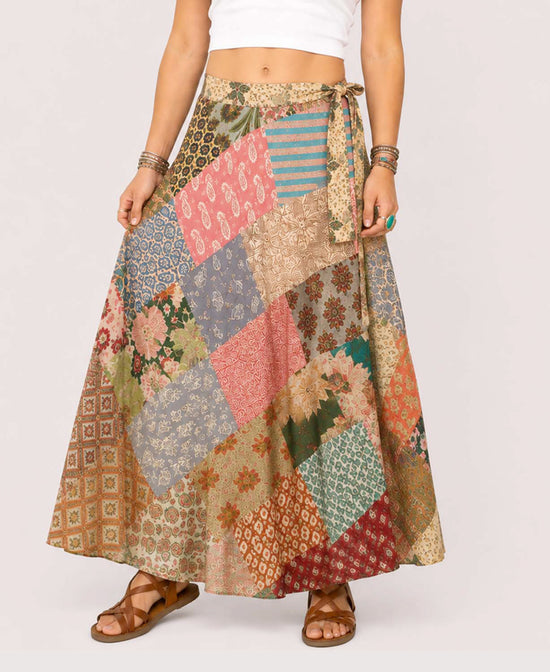 Woman wearing Piece, Love & Patchwork cotton wrap skirt, front view