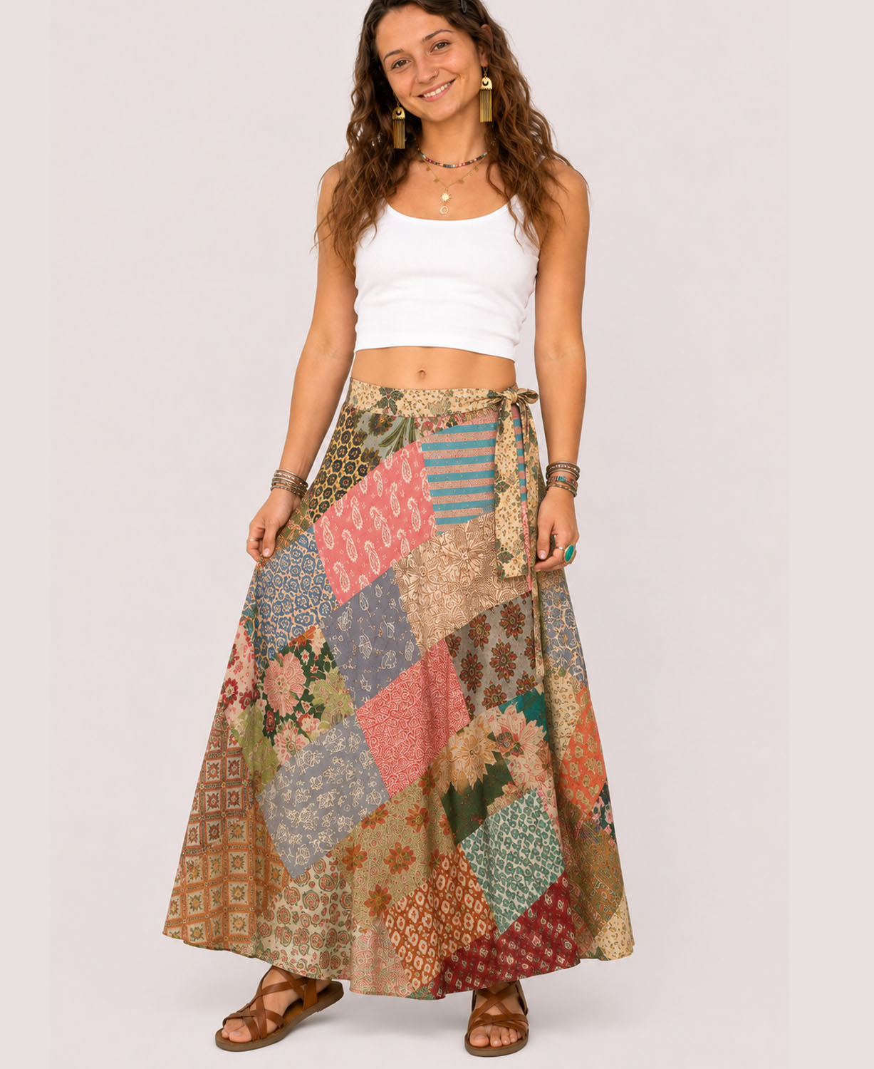 Full-length view of colorful patchwork wrap skirt with adjustable side tie