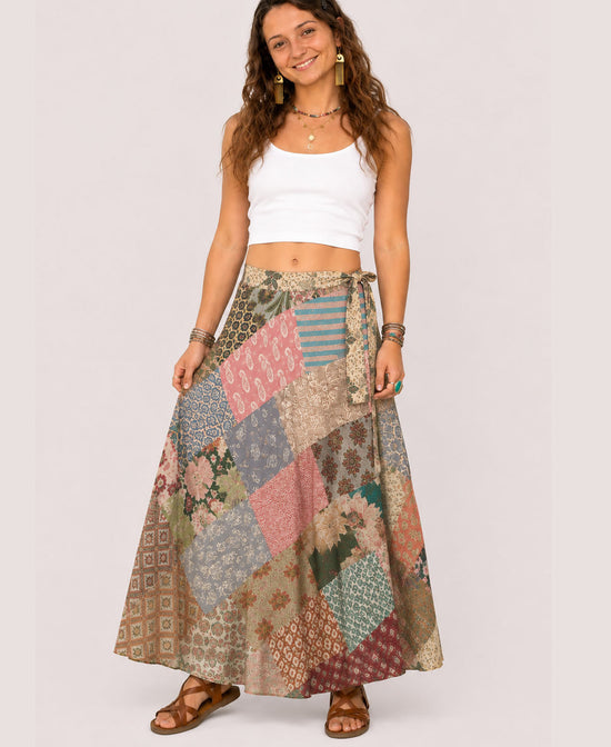 Full-length view of colorful patchwork wrap skirt with adjustable side tie