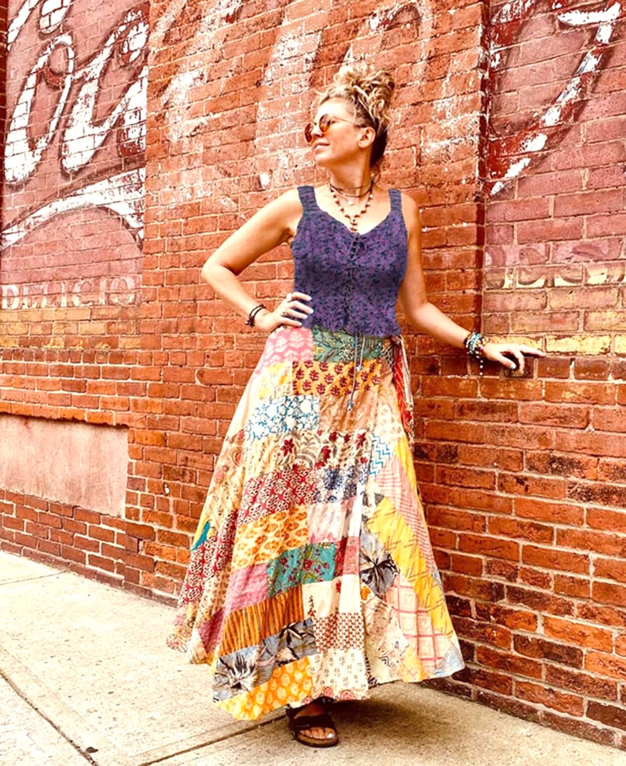 One-of-a-kind cotton patchwork wrap skirt in assorted boho prints