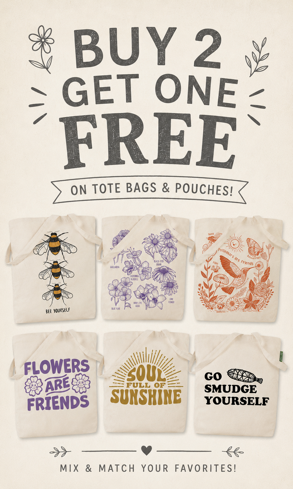 Buy 2 Get 1 Free on Totes & Pouches