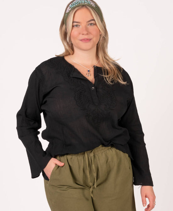 Classic Hippie Gauze Top - Black - Hippie Gauze Tops | Black Indian Peasant Blouse | Soul Flower