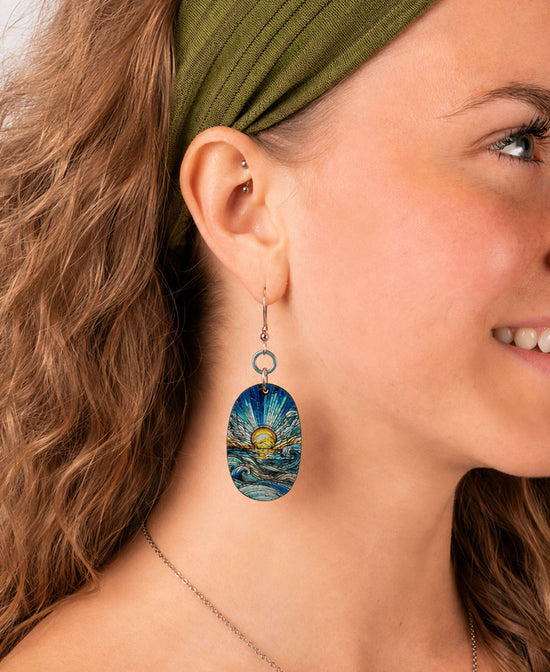 Coastal Sunrise Earrings - Boho Dangle Earrings on a model with boho headband
