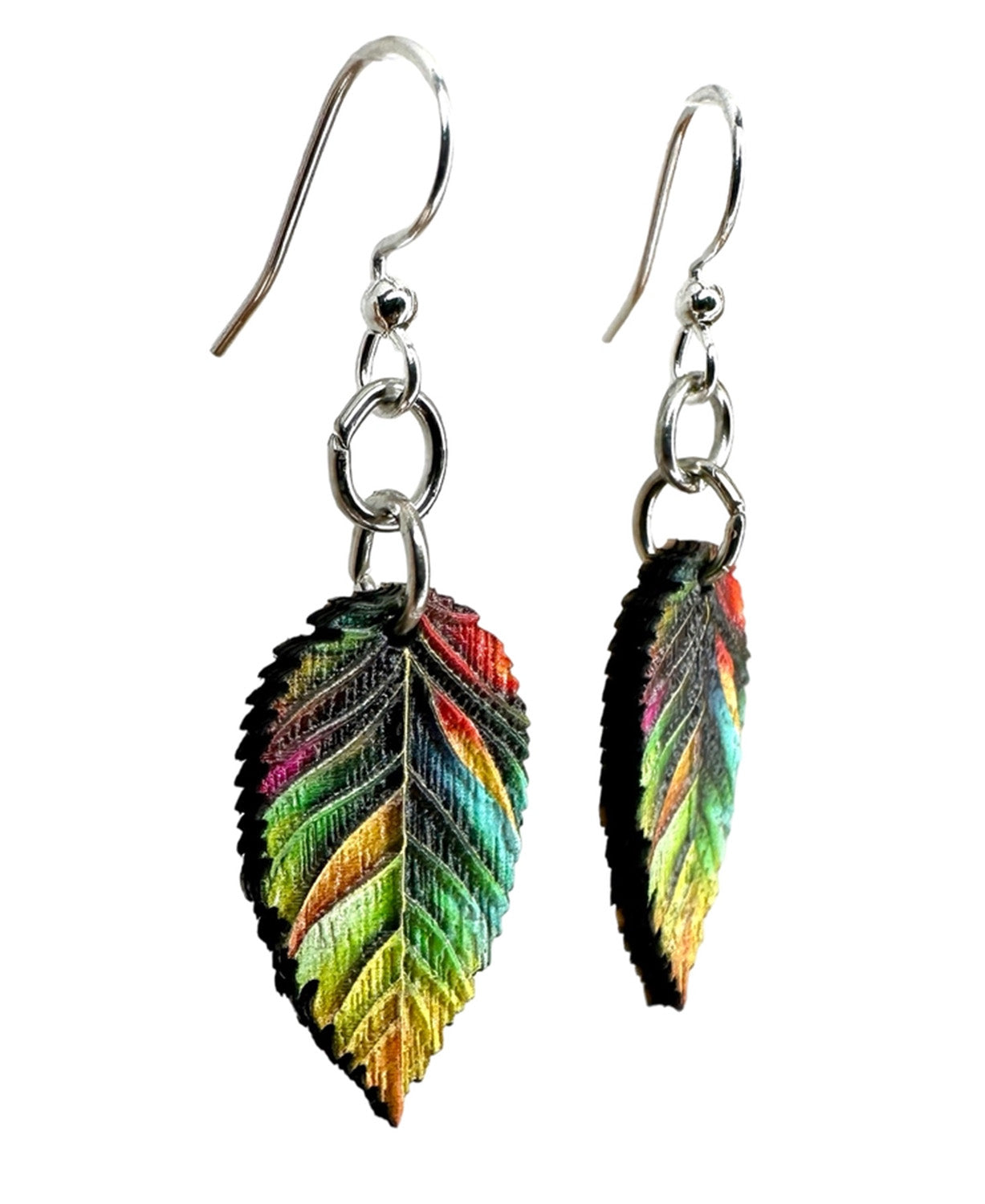 A pair of dangling leaf earrings with silver-toned fishhook wires and rings. Color Me Kind Earrings.