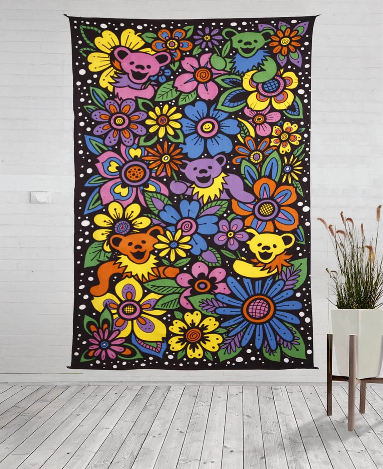 Grateful Dead Dancing Bears and Flowers Tapestry In Multicolor