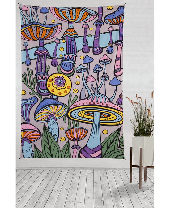 Mushroomland Tapestry in Pink Multicolor - Pink Mushroom Tapestry | Mushroomland Wall Hanging | Soul Flower