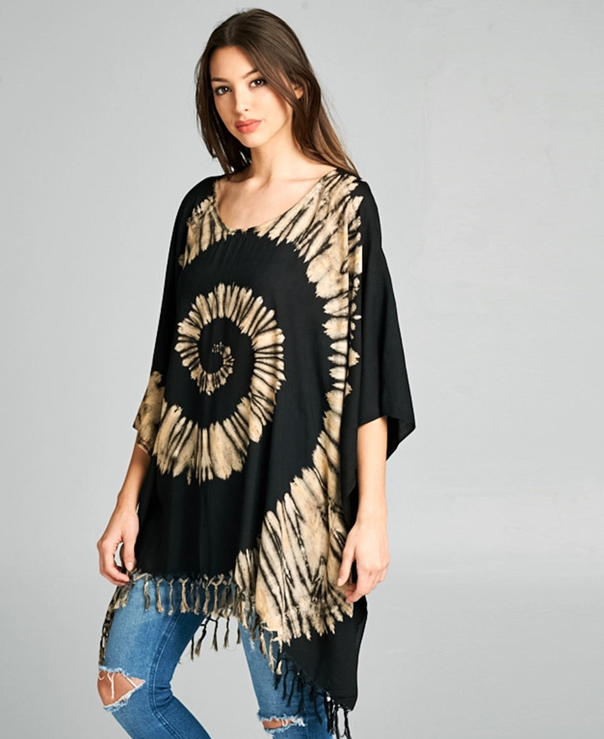 Spiral Soul Tie-Dye Poncho in Black on model - Hippie Poncho | Soul Flower