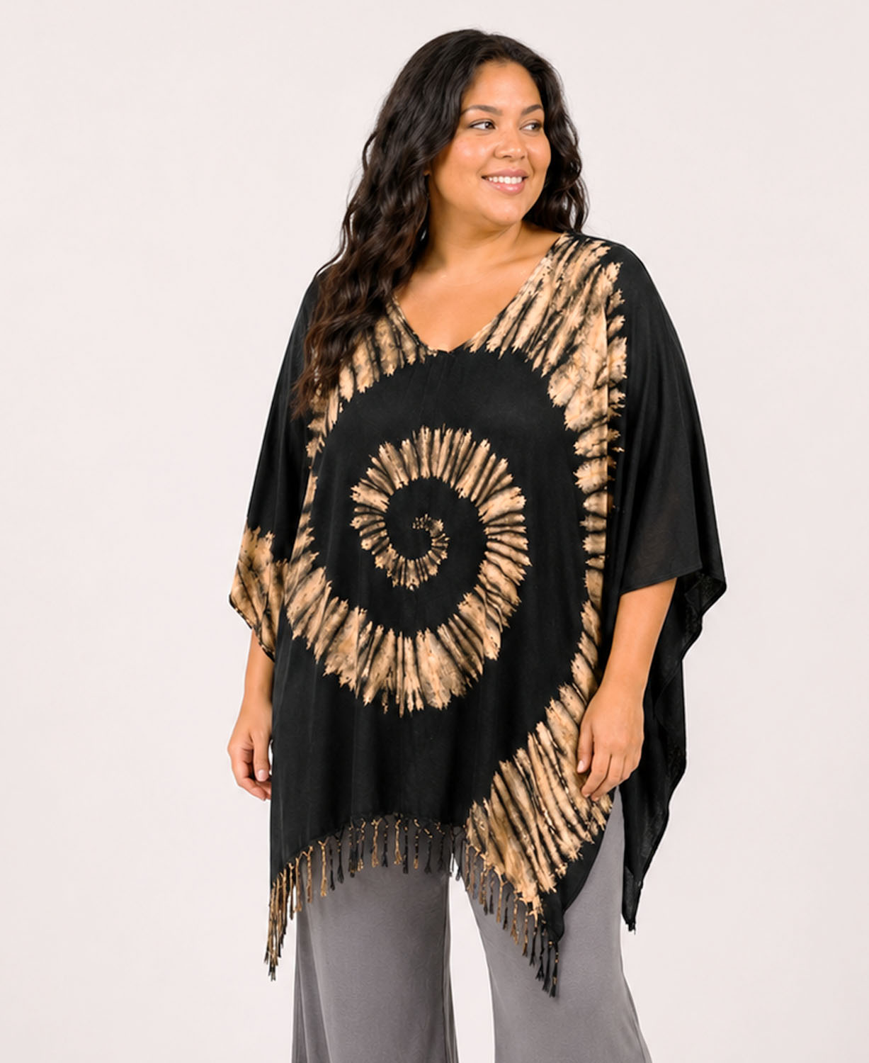 Spiral Soul Tie-Dye Poncho in Black on plus size model - Hippie Poncho | Soul Flower