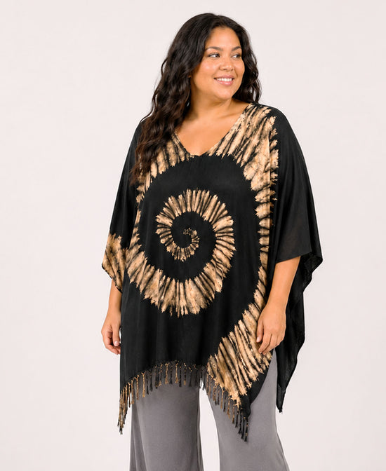 Spiral Soul Tie-Dye Poncho in Black on plus size model - Hippie Poncho | Soul Flower