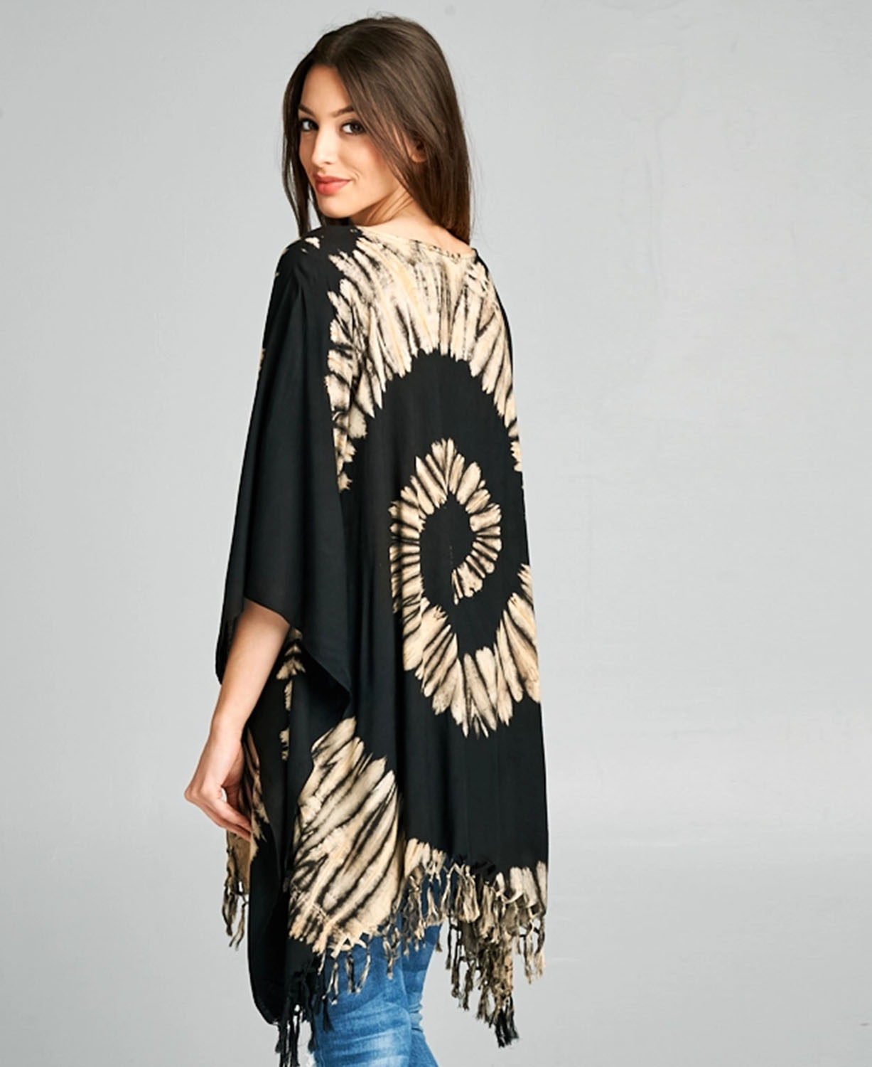 Spiral Soul Tie-Dye Poncho in Black on model - Hippie Poncho | Soul Flower