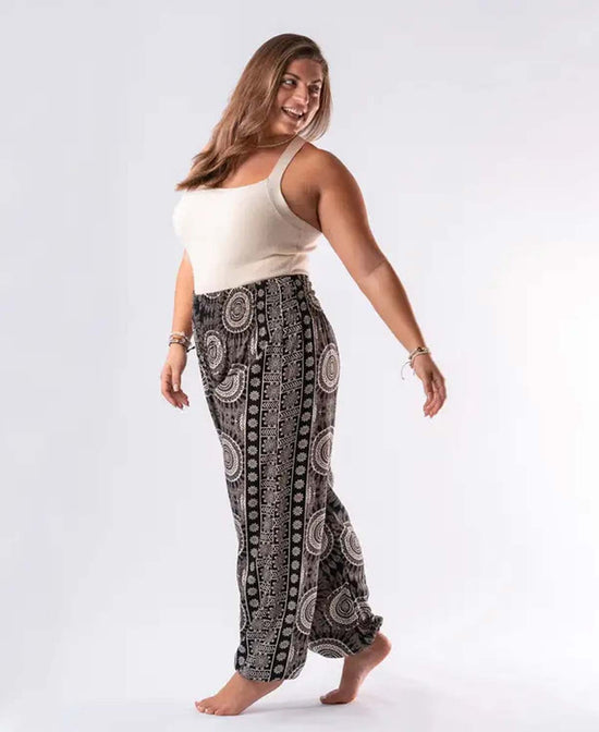 Flower Mandala Black Harem Pants - Boho Harem Pants | Hippie Pants | Soul Flower on plus size model