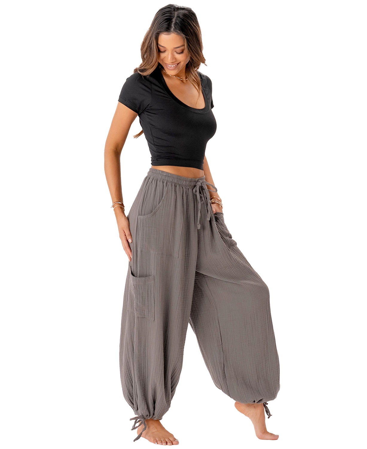 Cargo Adventure Pants in Granite - Cotton Gauze Cargo Pants | Soul Flower 6