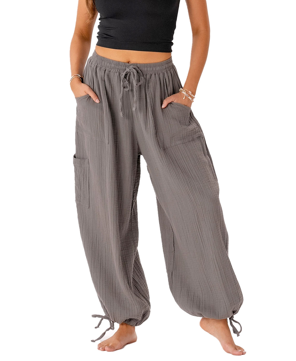 Cargo Adventure Pants in Granite - Cotton Gauze Cargo Pants | Soul Flower 7