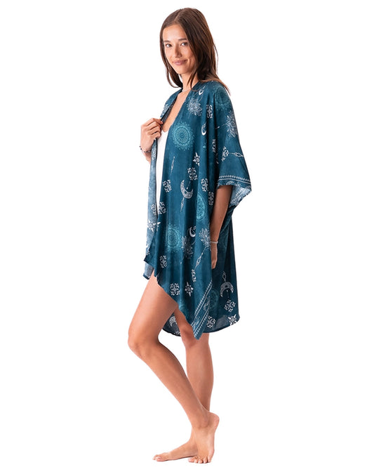 Lunar Lotus Kimono in Teal - Boho Kimono | Lightweight Wrap | Soul Flower