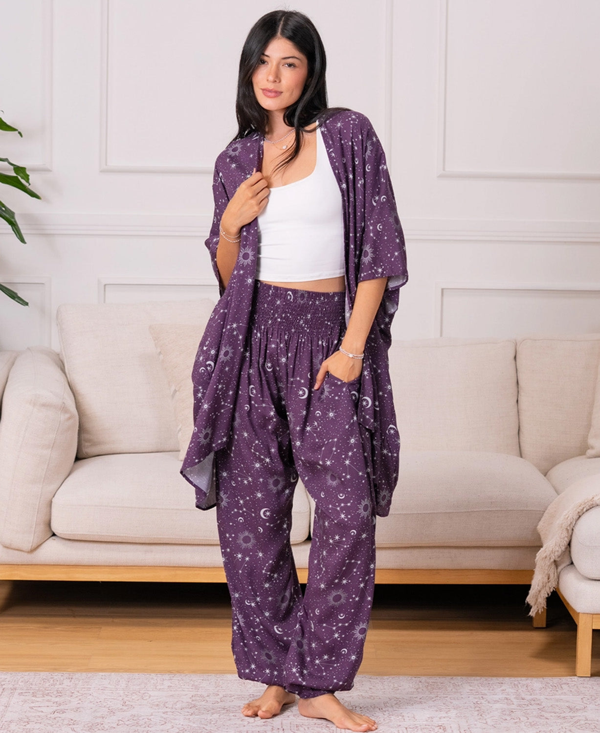 Starry Night Kimono in Plum on model on white background - Celestial Kimono | Soul Flower