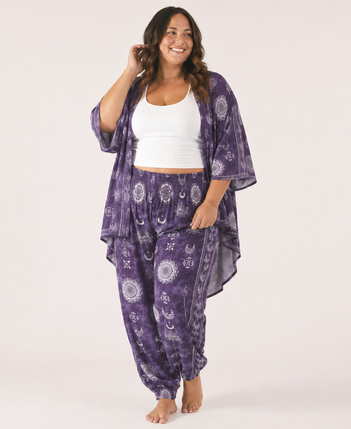 Starry Night Kimono in Plum on model on white background Celestial Kimono | Soul Flower