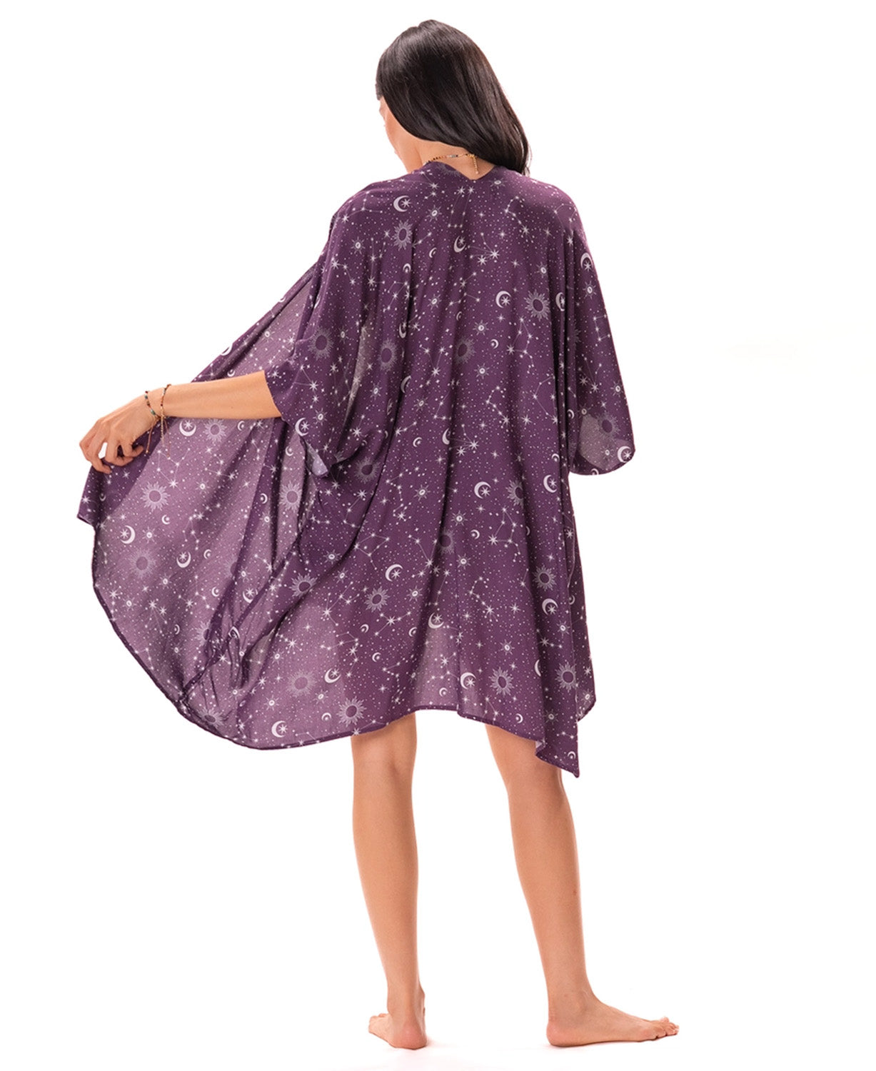 Starry Night Kimono in Plum on model on white background  from the back- Celestial Kimono | Soul Flower