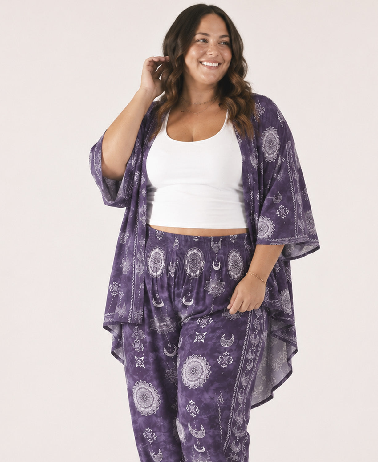 Starry Night Kimono in Plum on model on white background Celestial Kimono | Soul Flower plus size