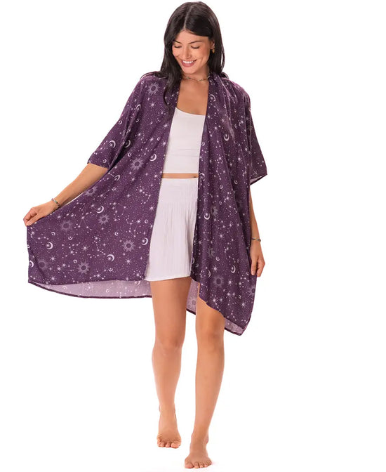 Starry Night Kimono in Plum on model on white background  looking down - Celestial Kimono | Soul Flower