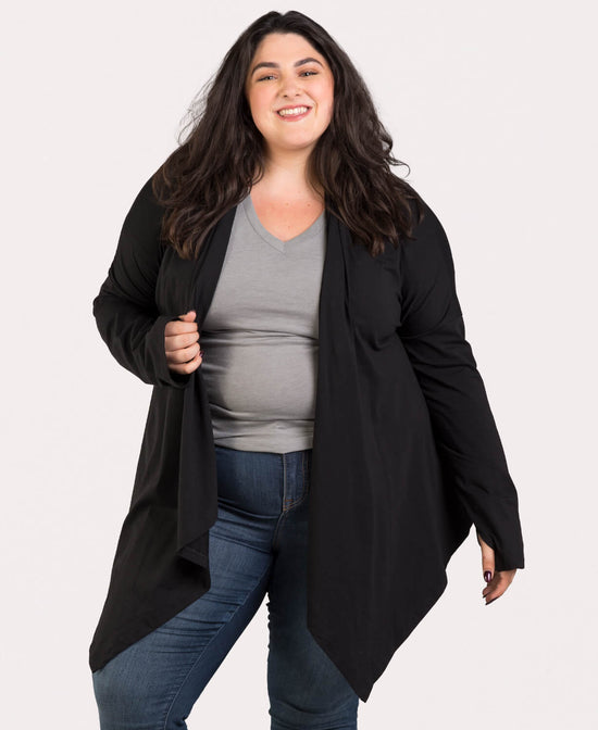 Organic Cotton Draped Cardigan - Black - Black Drapey Cardigan | Drape Front Cardigan | Soul Flower plus