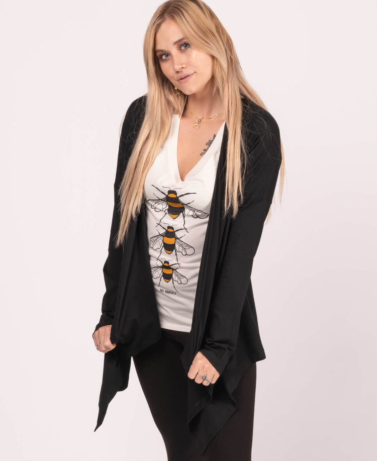 Organic Cotton Draped Cardigan - Black - Black Drapey Cardigan | Drape Front Cardigan | Soul Flower