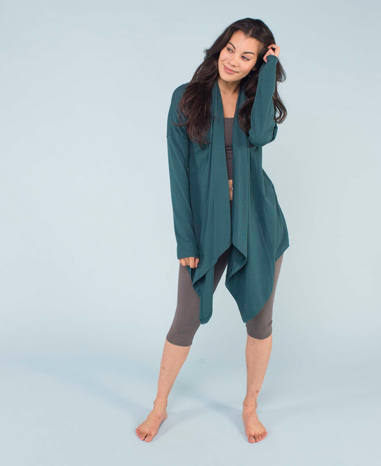 Organic Cotton Draped Cardigan - Teal Drapey Cardigan | Drape Front Cardigan | Soul Flower