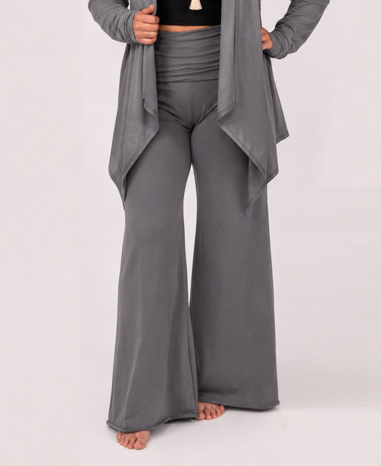 Roll Top Flowy Pants - Gray Boho Pants | Palazzo Pants | Soul Flower on plus size model