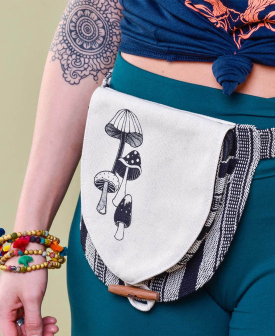 Retro Mushrooms Canvas Hip Bag - Natural - Mushroom Hip Bag | Mushroom Fanny Pack | Soul Flower