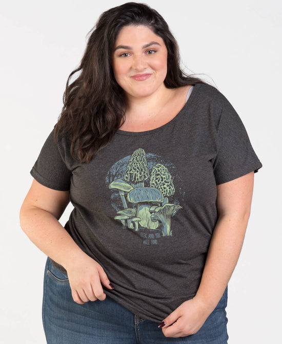 Mushroom Forager Slouch Top - Mushroom T-Shirt | Forager Tee | Soul Flower on plus size model