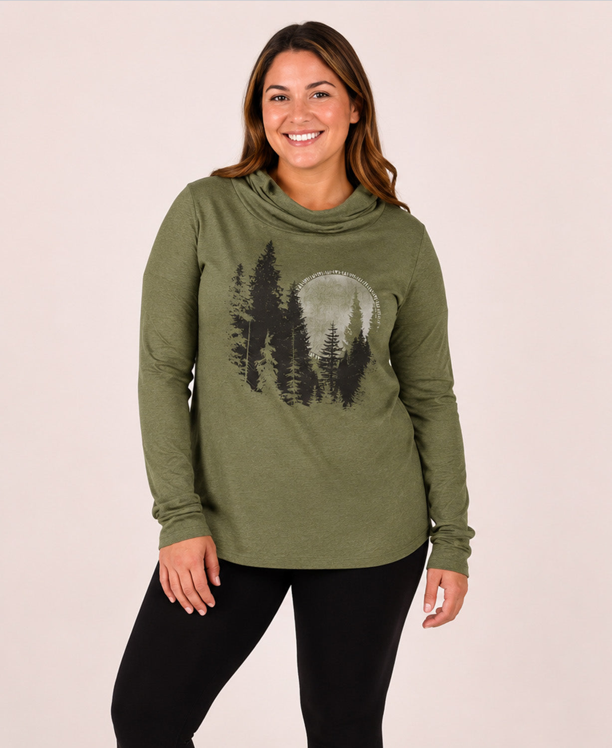 North Woods Cowl Yoga Hoody - North Woods Hoody | Pine Tree Hoodie | Soul Flower Women plus model