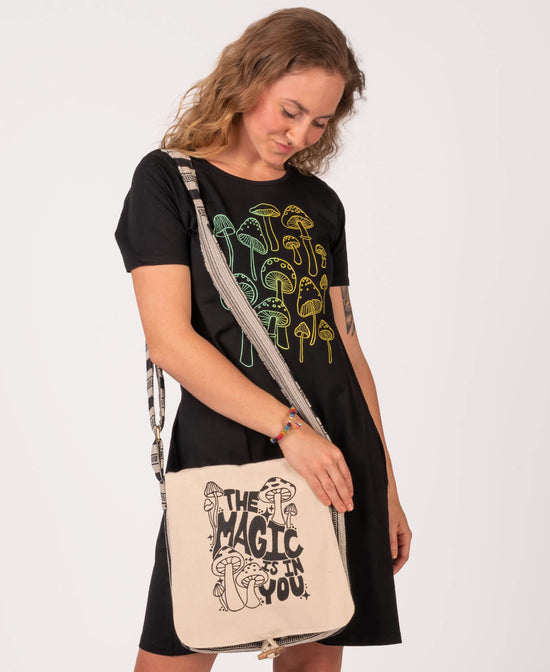 Closeout! Magic Mushrooms Canvas Messenger Bag - Natural - Mushroom Messenger Bag | Magic Mushroom Tote | Soul Flower