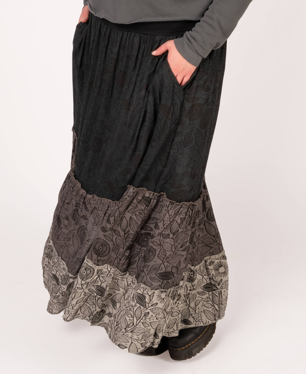 Three Tier Viscose Maxi Skirt with Pockets - Black