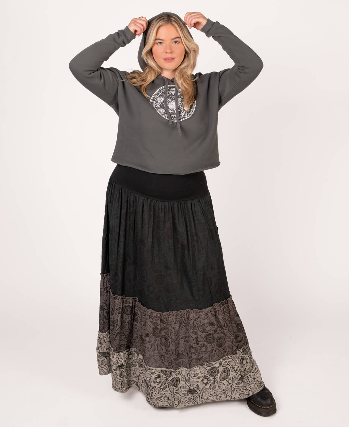 Three Tier Viscose Maxi Skirt with Pockets - Black