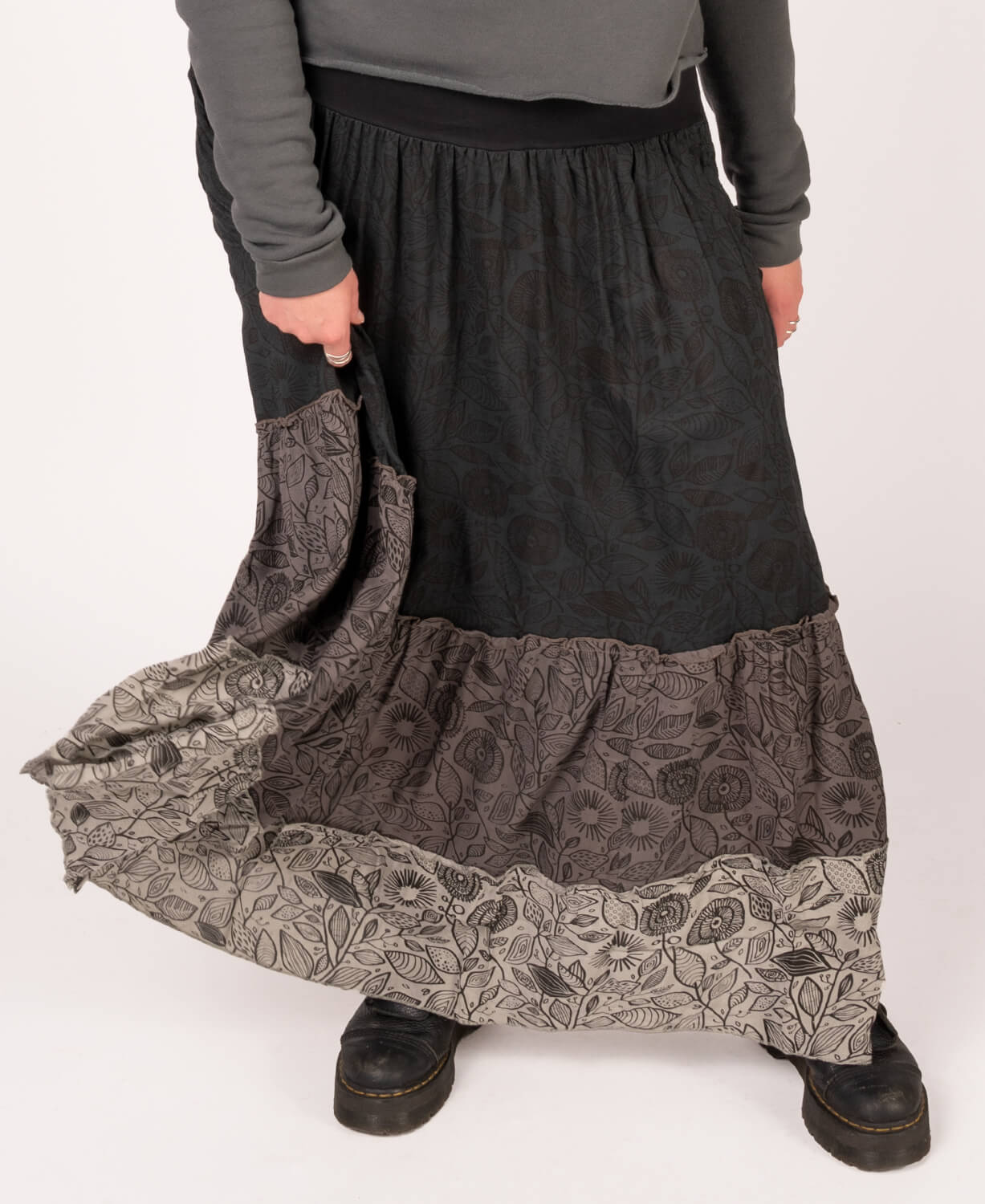 Three Tier Viscose Maxi Skirt with Pockets - Black