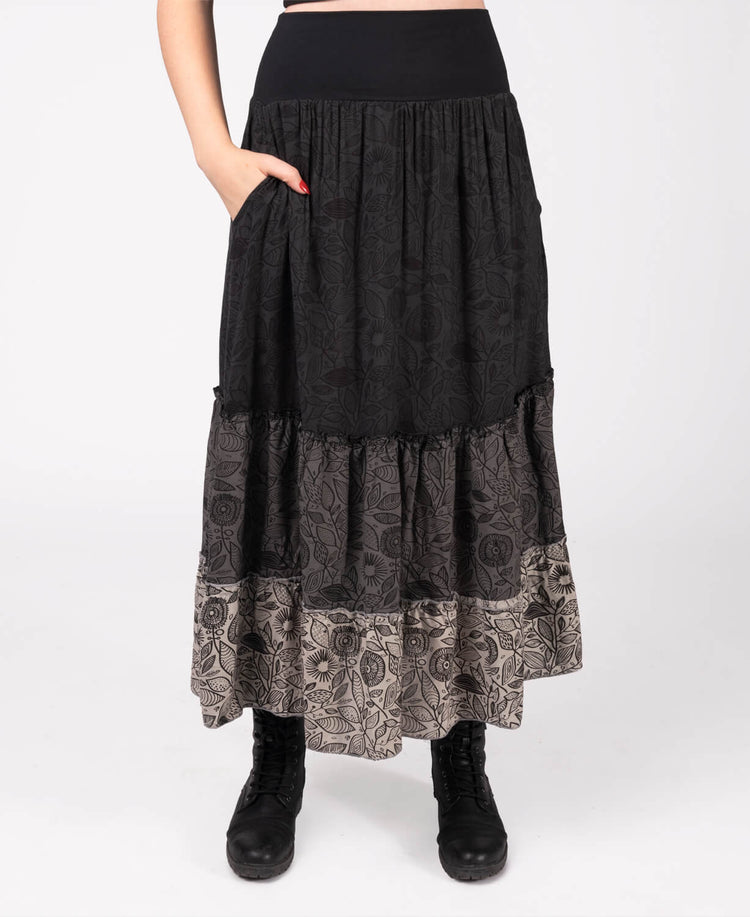 Three Tier Viscose Maxi Skirt with Pockets - Black - Black Three Tier Hippie Maxi Skirt | Hippie Skirts | Soul Flower