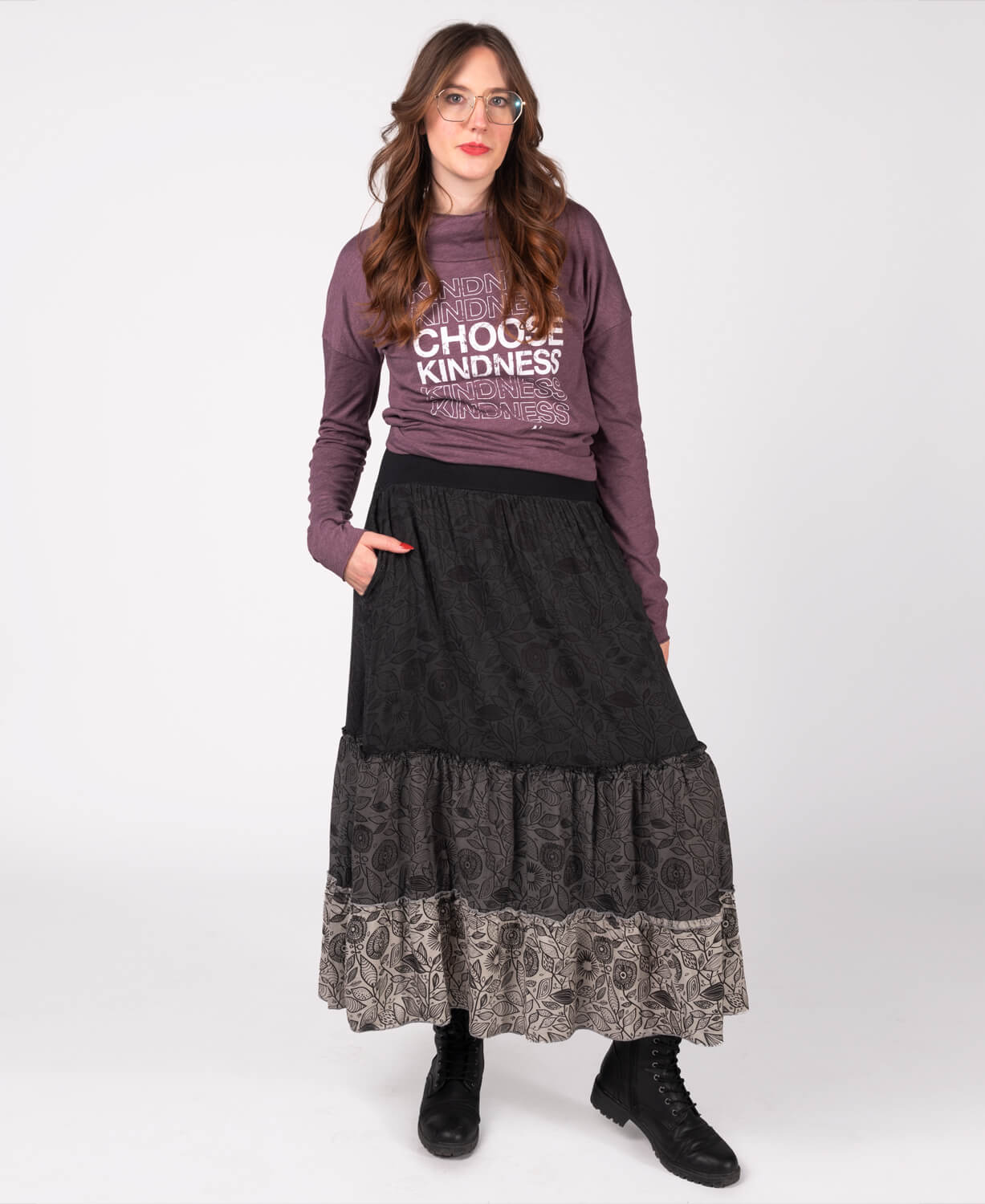 Three Tier Viscose Maxi Skirt with Pockets - Black
