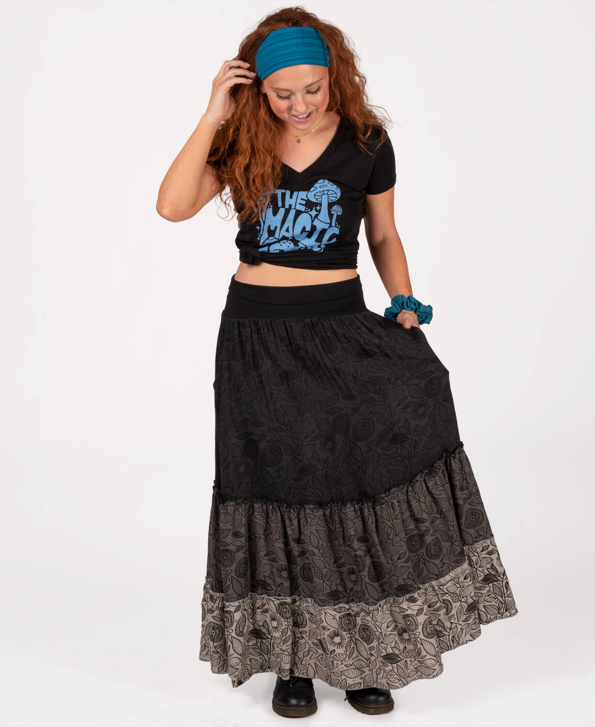 Three Tier Viscose Maxi Skirt with Pockets - Black