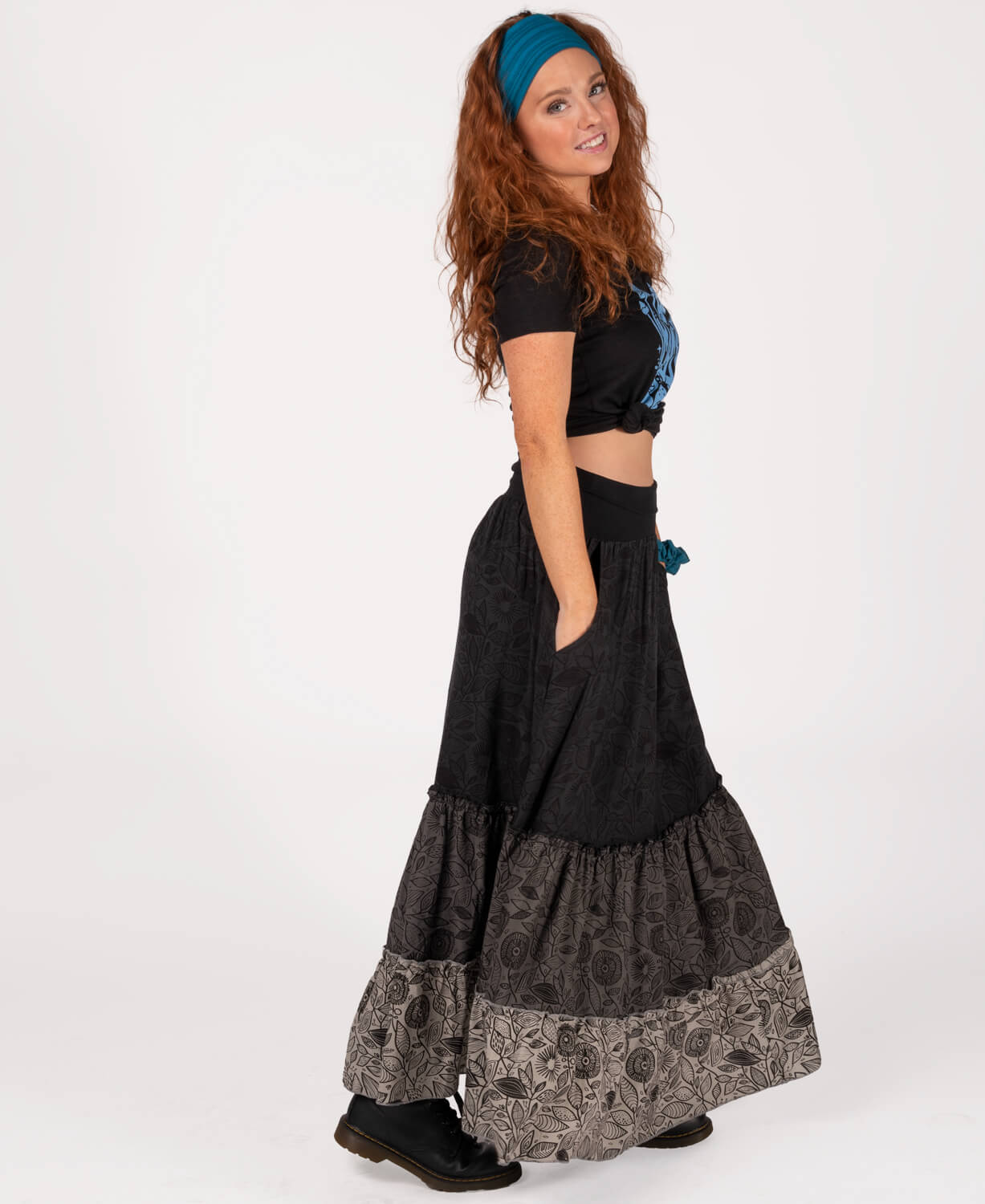 Three Tier Viscose Maxi Skirt with Pockets - Black