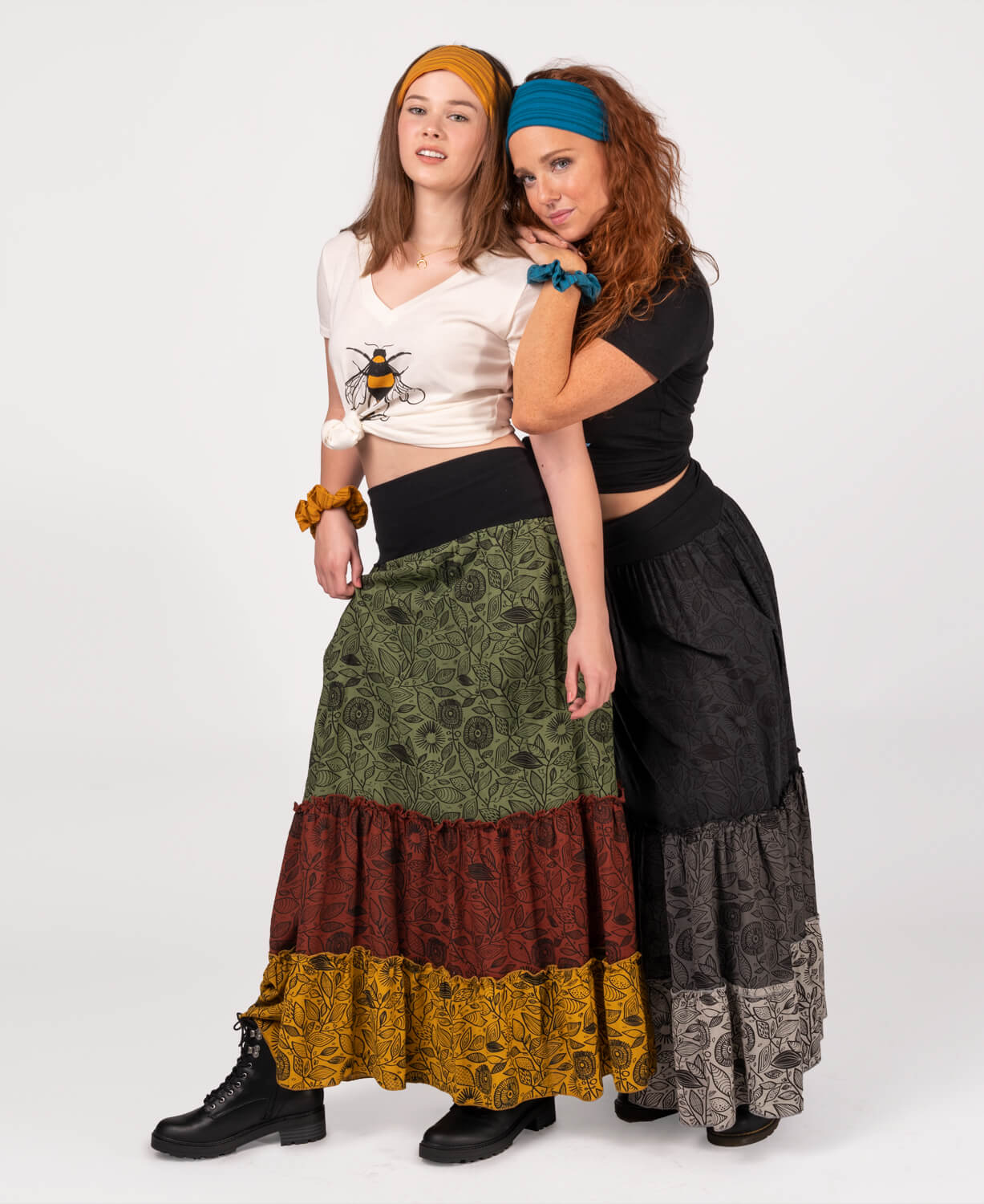 Three Tier Viscose Maxi Skirt with Pockets - Black