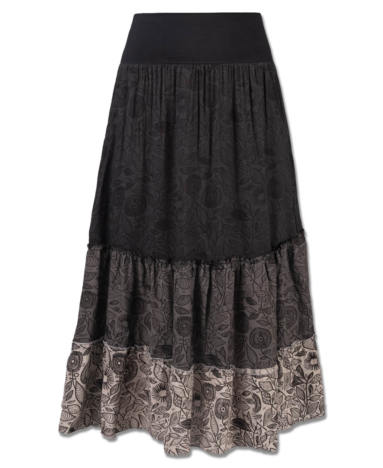 Three Tier Viscose Maxi Skirt with Pockets - Black