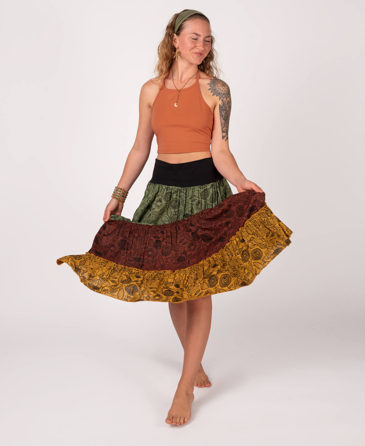 Three Tier Viscose Maxi Skirt with Pockets - Green
