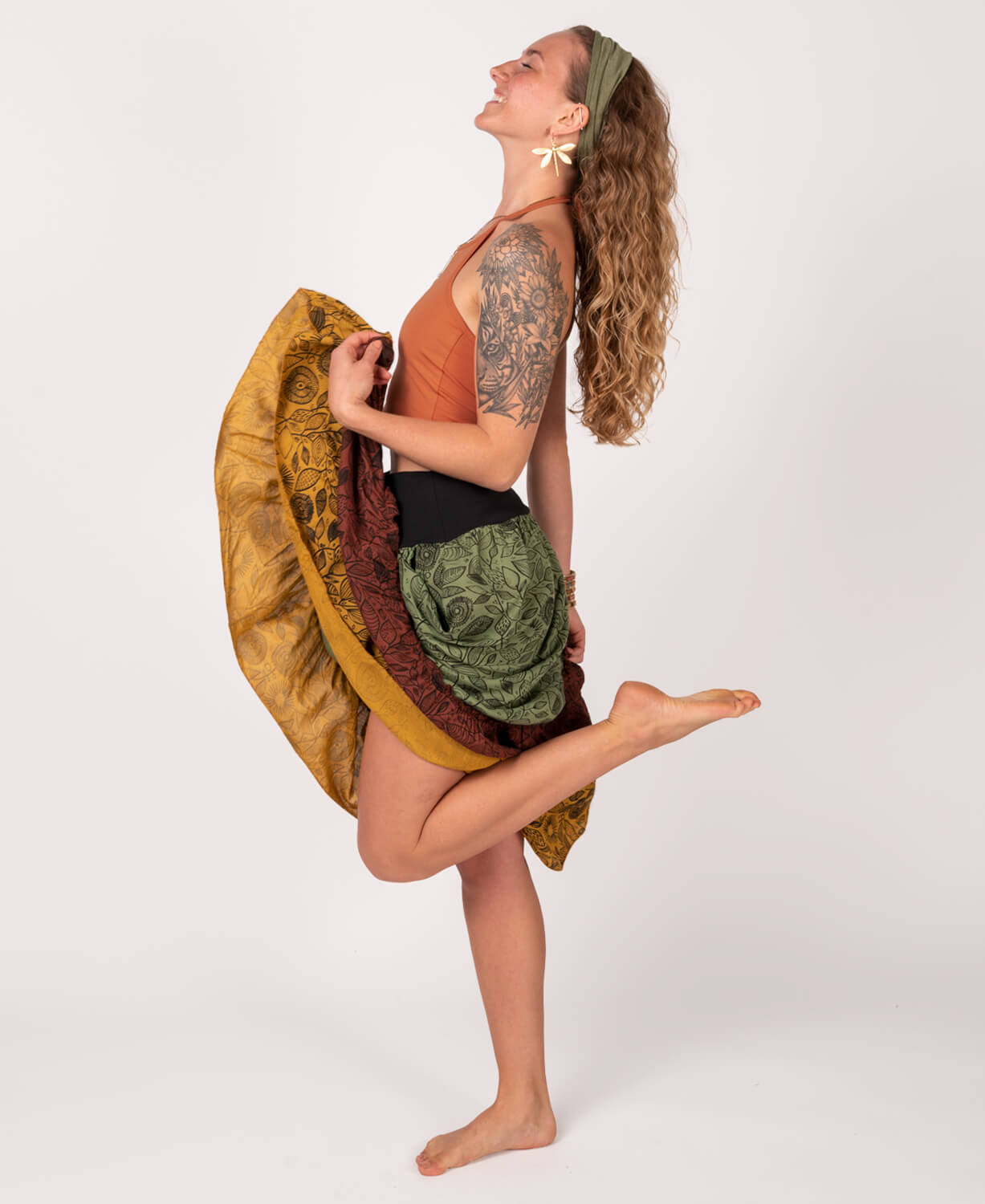 Three Tier Viscose Maxi Skirt with Pockets - Green