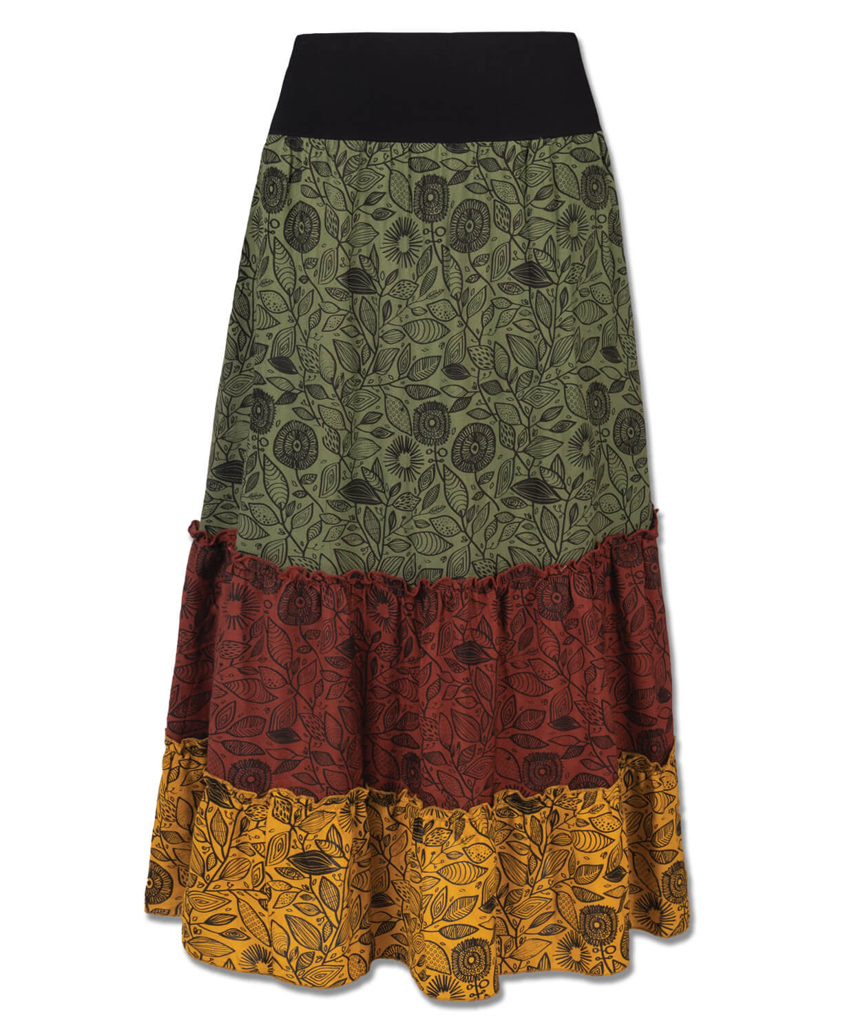 Green Three Tier Hippie Maxi Skirt | Hippie Skirts | Soul Flower