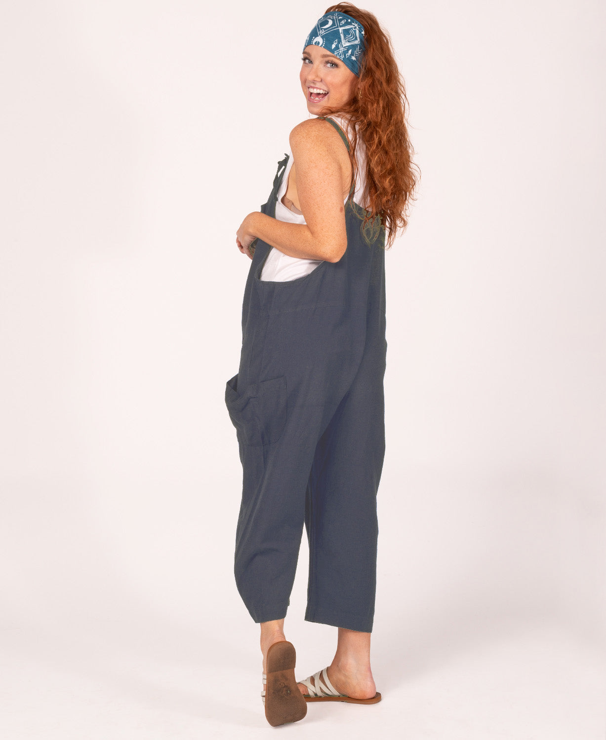 Midnight Overalls on Model Smiling White Background