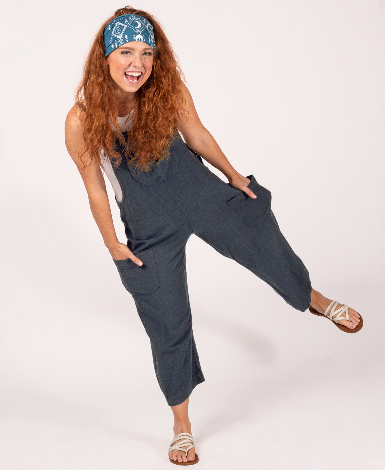Midnight Overalls on Model Smiling White Background